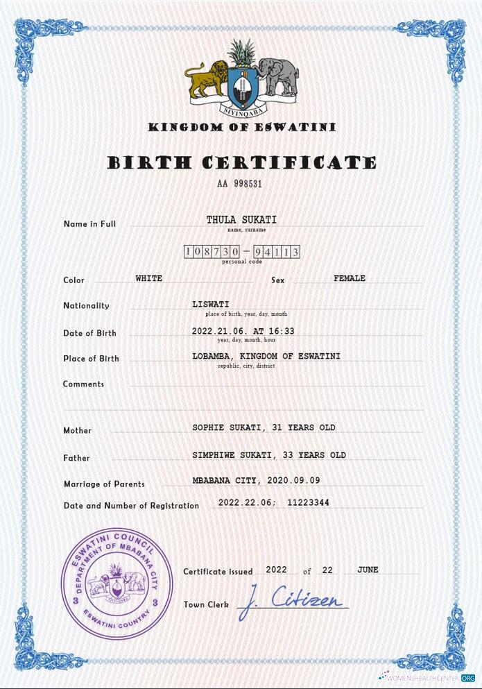 Download Eswatini vital record birth certificate PSD template Photoshop template